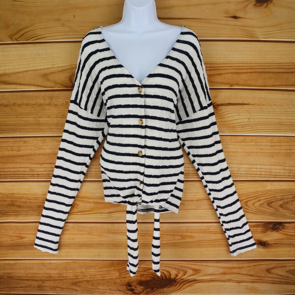 Button Up Cardigan Sweater Womens Sz S White Black Stripes Waist Tie Cupshe SOFT